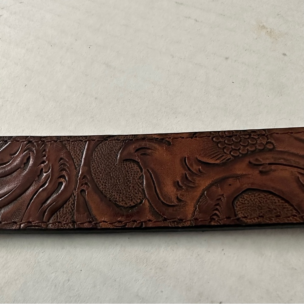 Tooled Leather Belt Brown with Silver Very Distressed Etched Hardware Never Worn - Picture 5 of 10